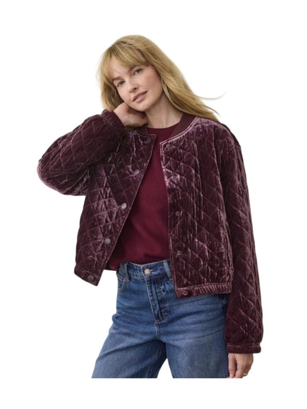 Marine Layer Anita Velvet Diamond Quilted Bomber Jacket Women’s XS Fig Color